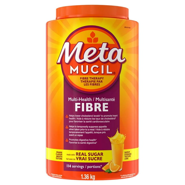Metamucil, 3 in 1 Psyllium Husk Fibre Powder Supplement for Digestive Health, Orange Flavored, Real Sugar, Smooth Powder, 114 Servings