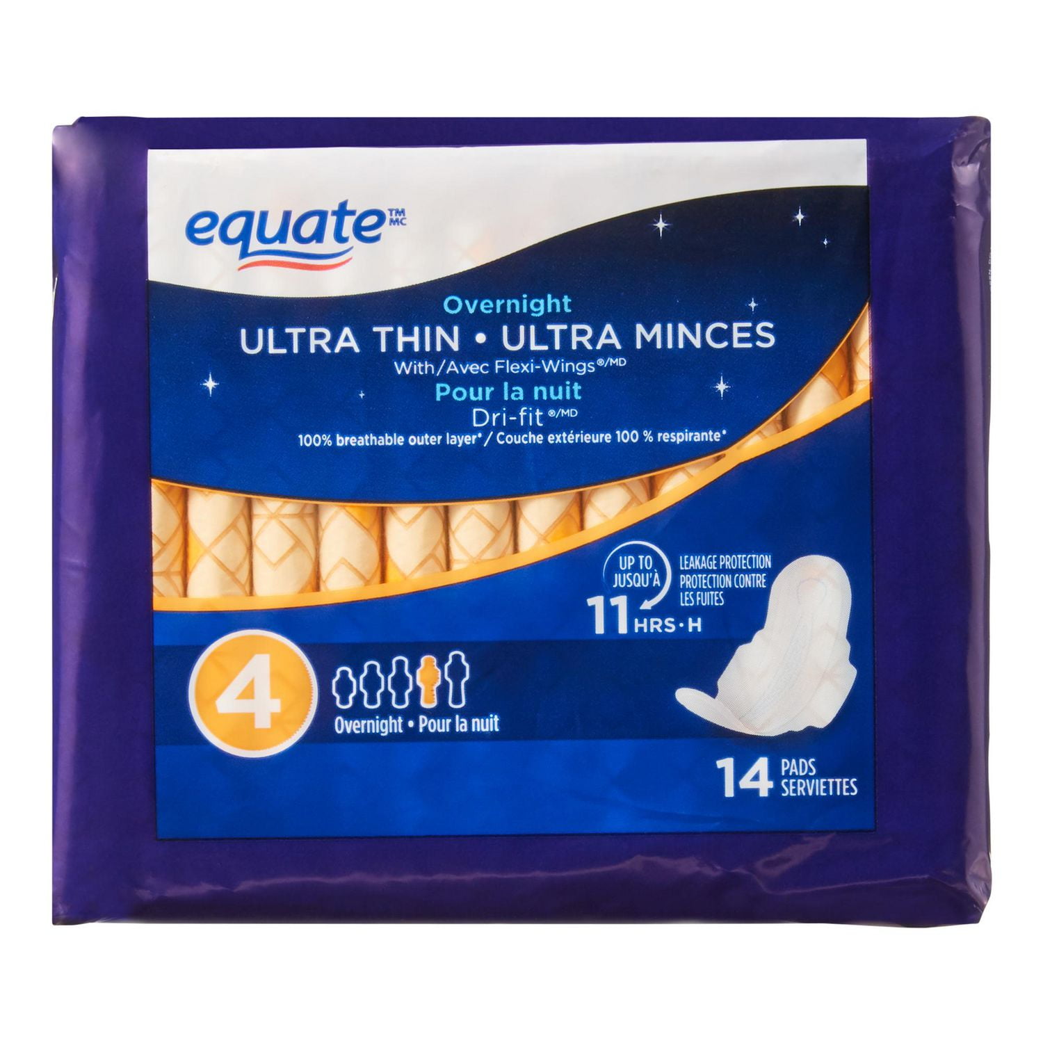 Equate Overnight Absorbency Ultra Thin Pads, 14 Pads, Long