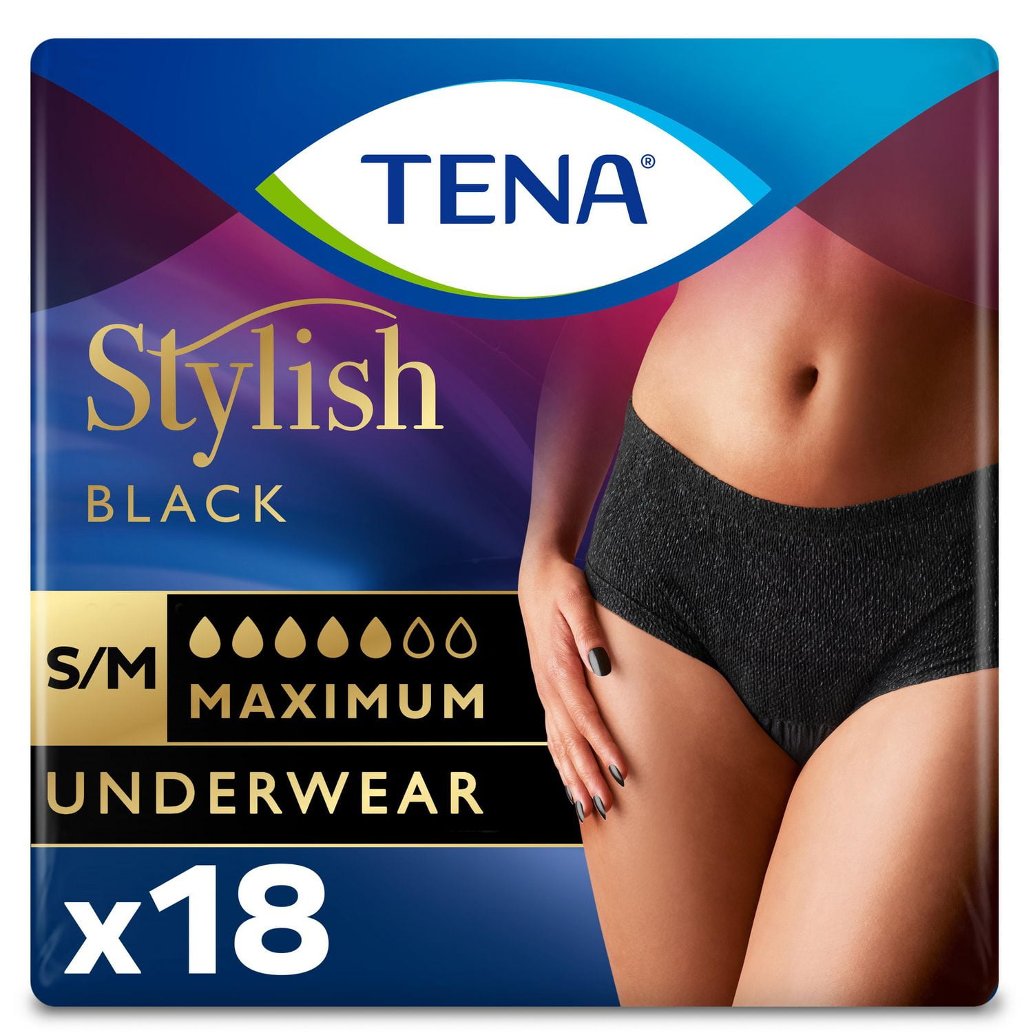TENA Stylish Black Underwear Maximum Absorbency Small/Medium 18 Count, 18  Count