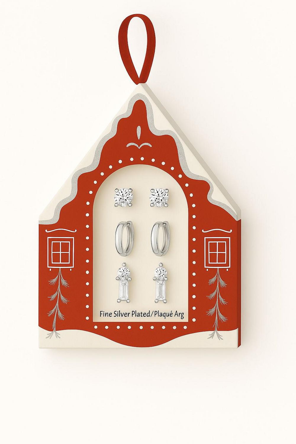 Luxury Designs Boucles d'oreilles trio plaquées argent, 2 paires de clous en zircon cubique et une paire de créoles polies