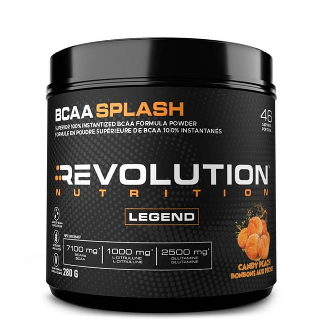 Revolution Nutrition, BCAA Splash, BCAA Powder, Post Workout, 7100 Mg of Branched Chained Amino Acid, 1000 mg Citrulline Malate, 46 Servings, Vegan Formula, Calorie Free, Lactose Free, Muscle Recovery, Candy Peach (280g)