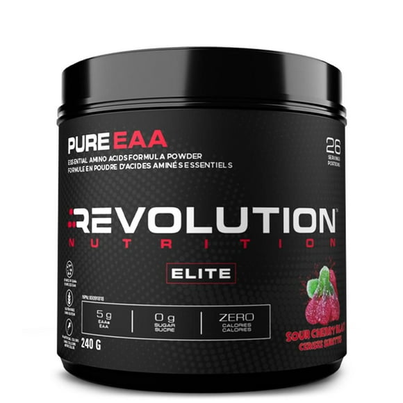 Revolution Nutrition Pure EAA Powder, Essential Amino Acids for Post Workout Recovery, Gluten Free, Zero Calorie, Zero Sugar,with Electrolytes, 5g EAAs per Serving, Sour Cherry, 240g (26 Servings)
