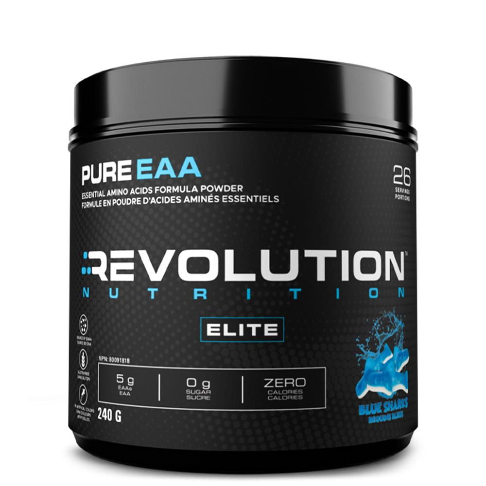 Revolution Nutrition, Poudre Pure EAA, Acides Aminés Essentiels pour la Récupération Post-Workout, Sans Gluten, Zéro Calorie, Zéro Sucre, avec Électrolytes, 5 g d’EAA par Portion, Requins Bleus, 240 g (26 Portions)