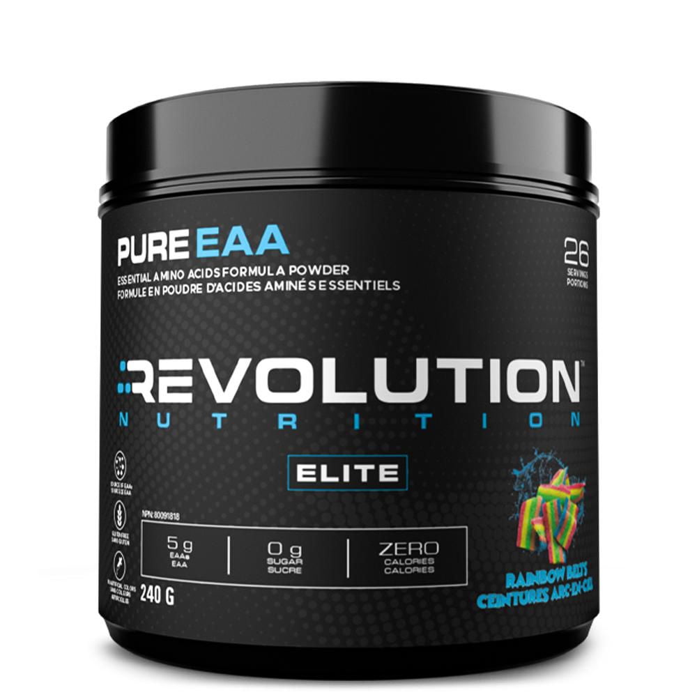 Revolution Nutrition, Poudre Pure EAA, Acides Aminés Essentiels pour la Récupération Post-Workout, Sans Gluten, Zéro Calorie, Zéro Sucre, avec Électrolytes, 5 g d’EAA par Portion, Ceintures Arc-en-Ciel, 240 g (26 Portions)