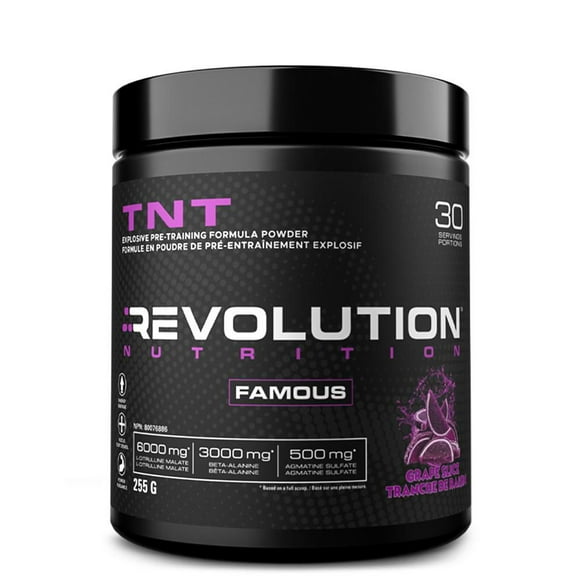 Revolution Nutrition, TNT, Pre Workout Powder, Citrulline Malate 2 to 1, Pumps & Strength, Hyper Concentrate, Extreme Intensity, Beta Alanine, Caffeine, Agmatine Sulfate, For Men & Women, 255g, Grape Slice (30 Servings)