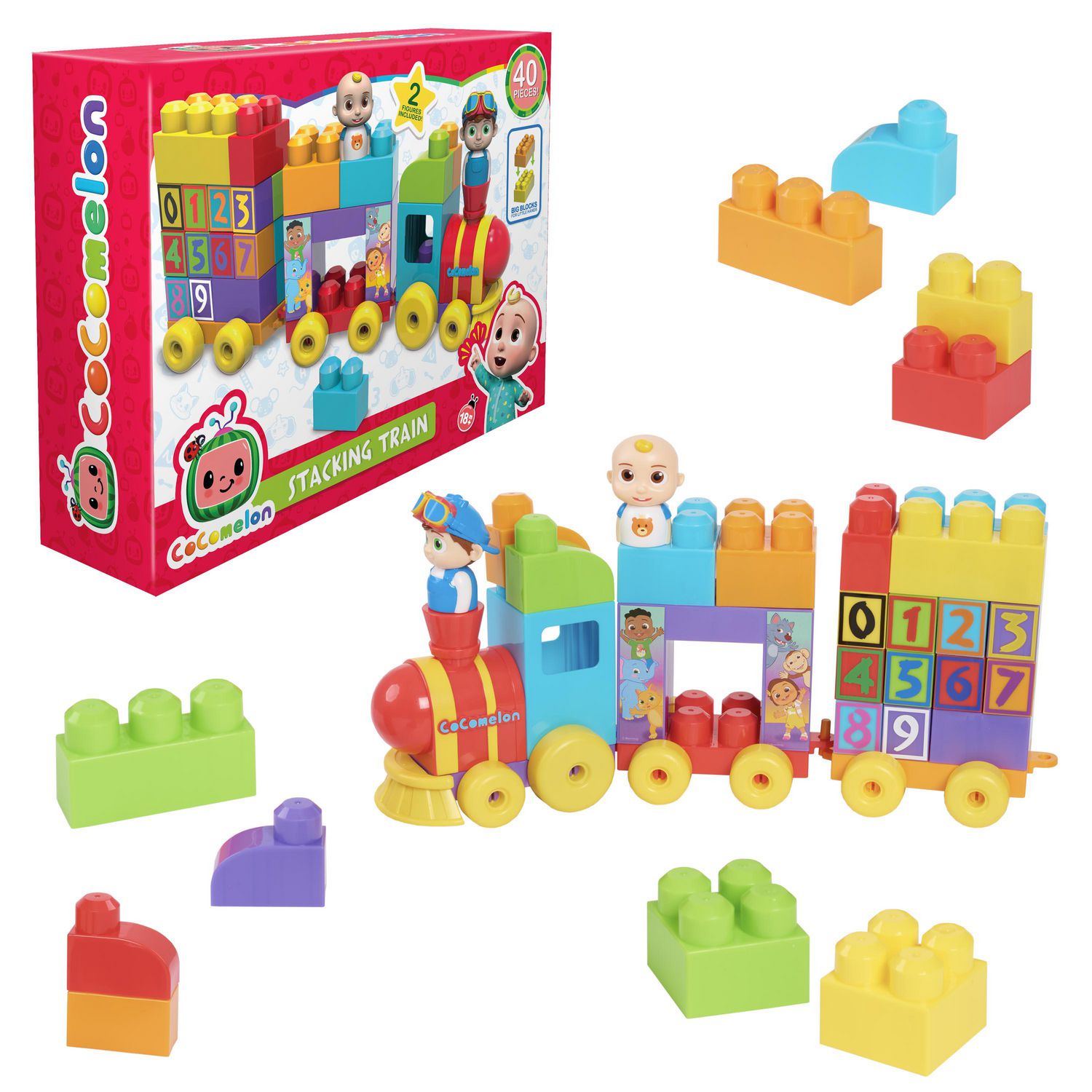 CoComelon Stacking Train, 40 Piece Large Building Block Set Includes JJ and  TomTom Figures, Color and Number Recognition