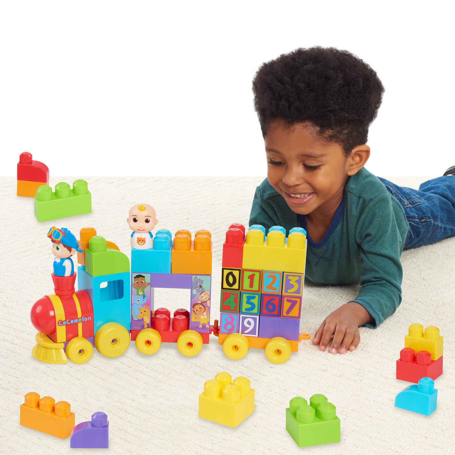 CoComelon Stacking Train, 40 Piece Large Building Block Set Includes JJ and  TomTom Figures, Color and Number Recognition