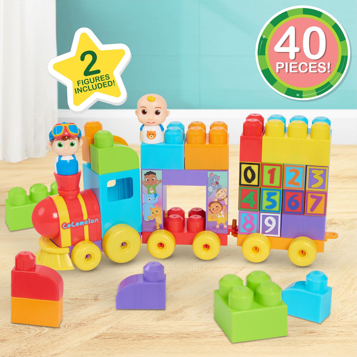 CoComelon Stacking Train, 40 Piece Large Building Block Set Includes JJ and  TomTom Figures, Color and Number Recognition