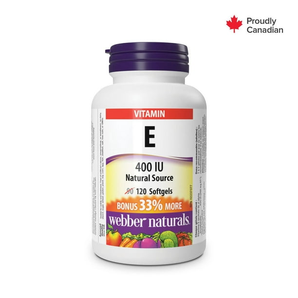Webber Naturals Vitamine E, Source naturelle, 400 UI 120 gélules, PRIME 33 % de plus,
