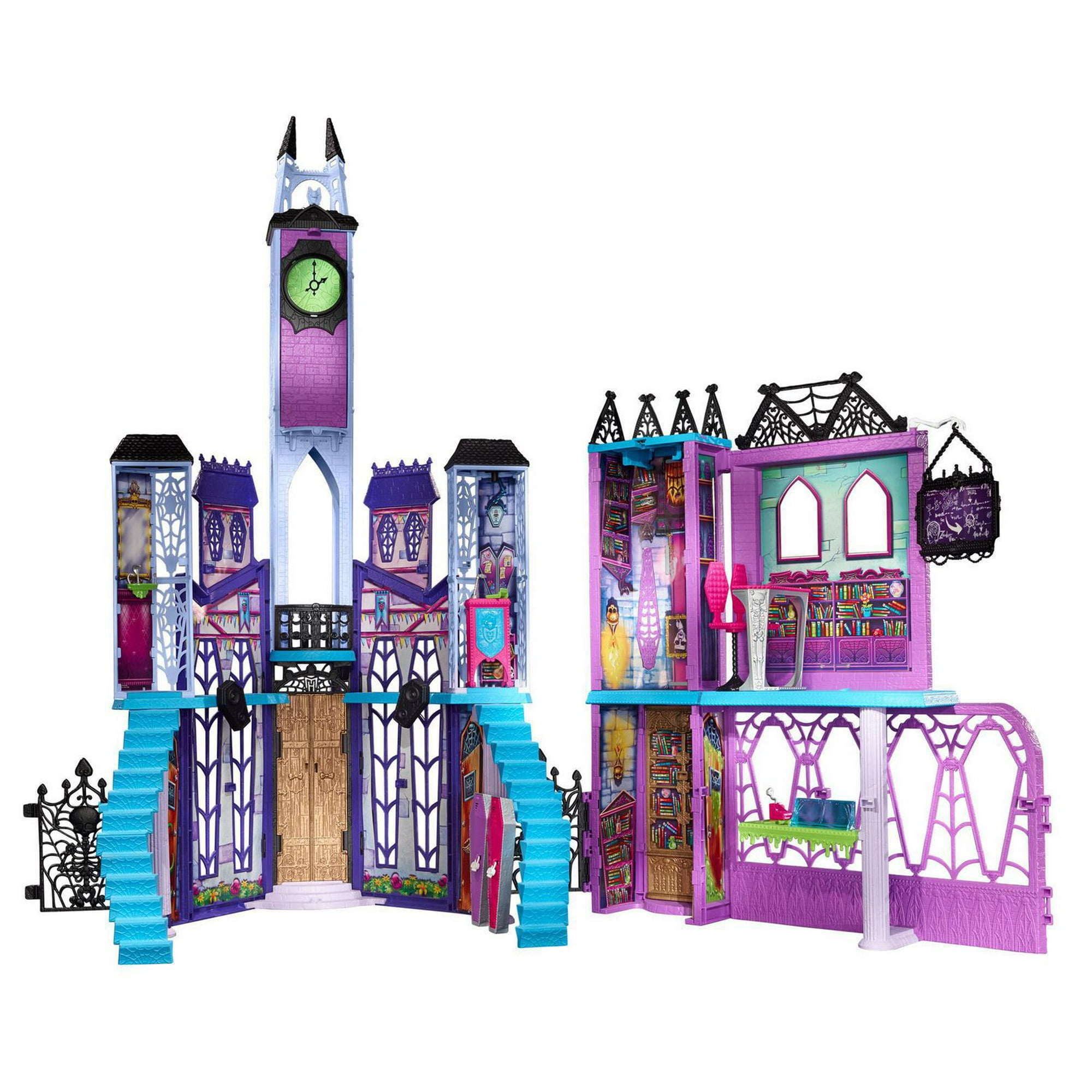 Polly Pocket Monster High Playset with 3 Micro Dolls & 10 Accessories,  Opens to High School, Collectible Travel Toy with Storage