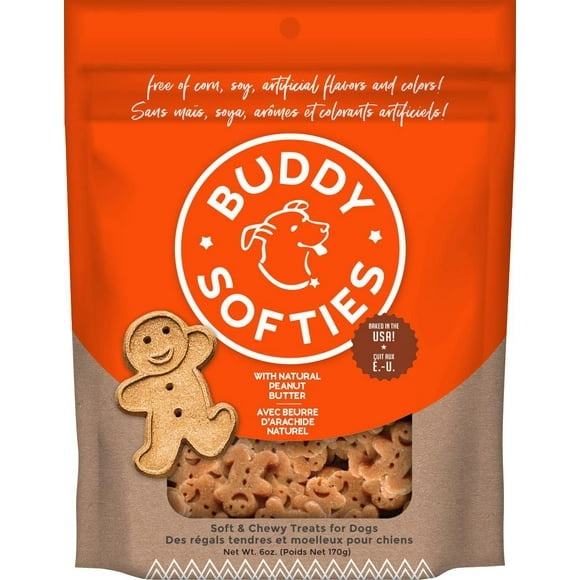 Friandises Buddy Biscuits pour chiens, moelleuses et sans céréales, au beurre d’arachide, sachet de 6 oz.