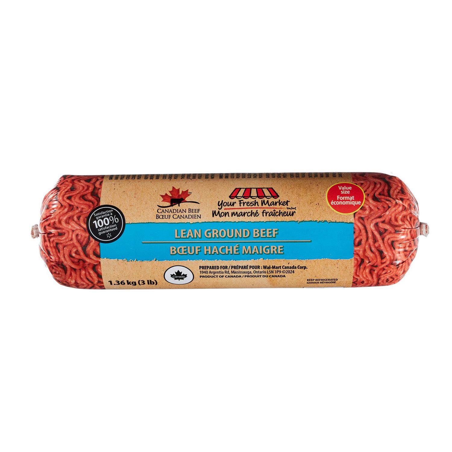 Value Size Lean Ground Beef, Your Fresh Market, 1.36 kg (3 lb) single value-size pack of raw lean ground beef in a clear retail tray with sealed plastic wrap and all-Canadian label; keep refrigerated. Often used for burgers, meatballs or Taco Tuesday meal prep.