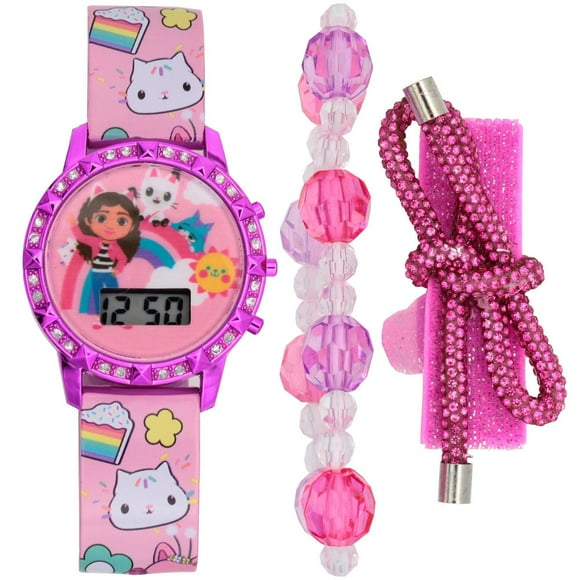 Montre Digitale Enfant Gabby et la Maison Magique avec Lunette Strass, Bracelet de Perles & Chouchou Pailleté