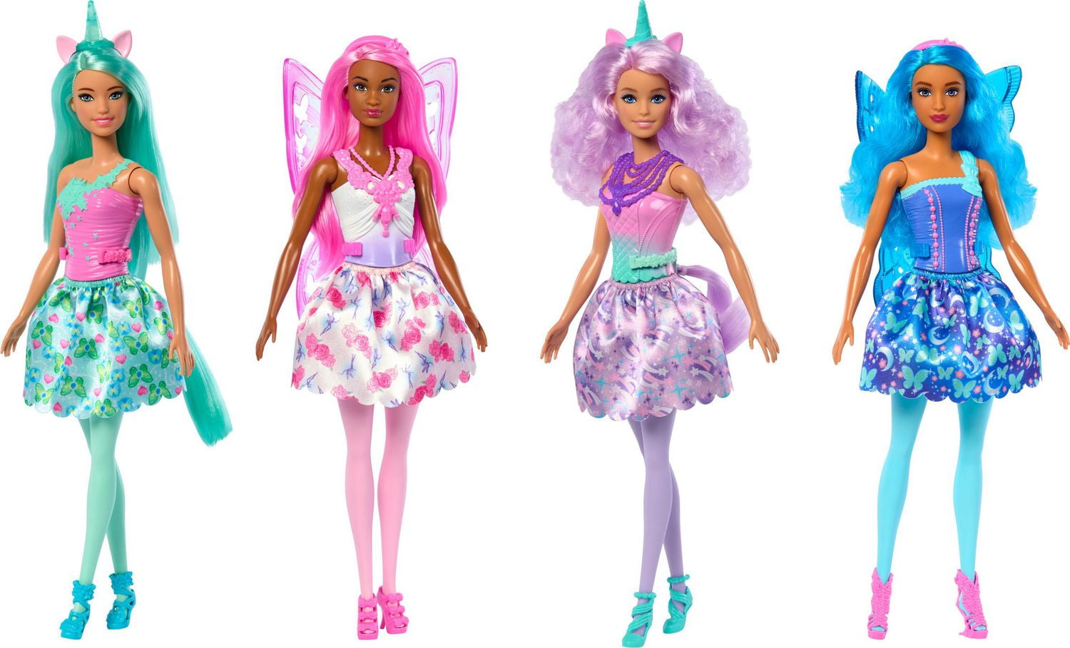 Four Fairytale Barbie Dolls with Colorful Hair Unicorn and Fairy Theme Walmart