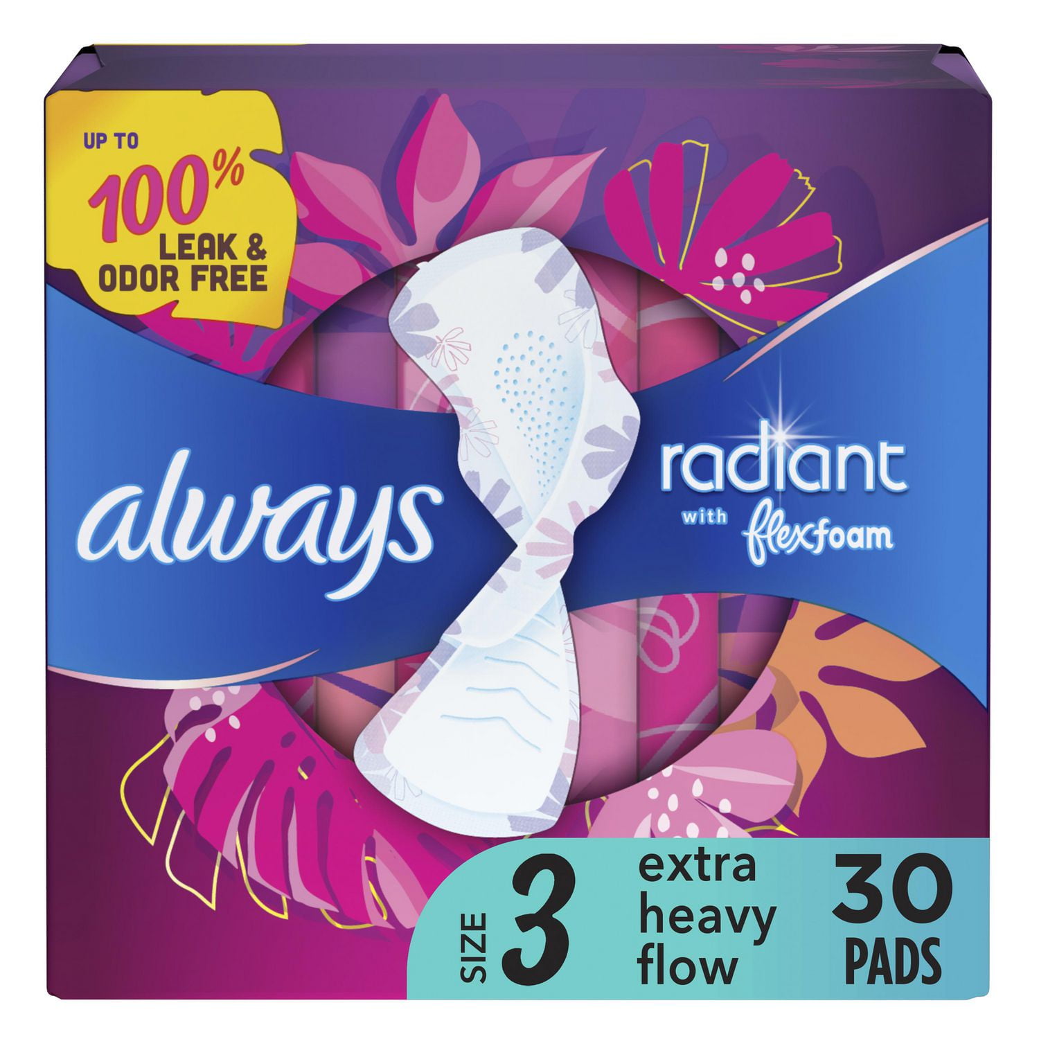 Always Radiant Feminine Pads for Women, Size 3 Extra Heavy, with