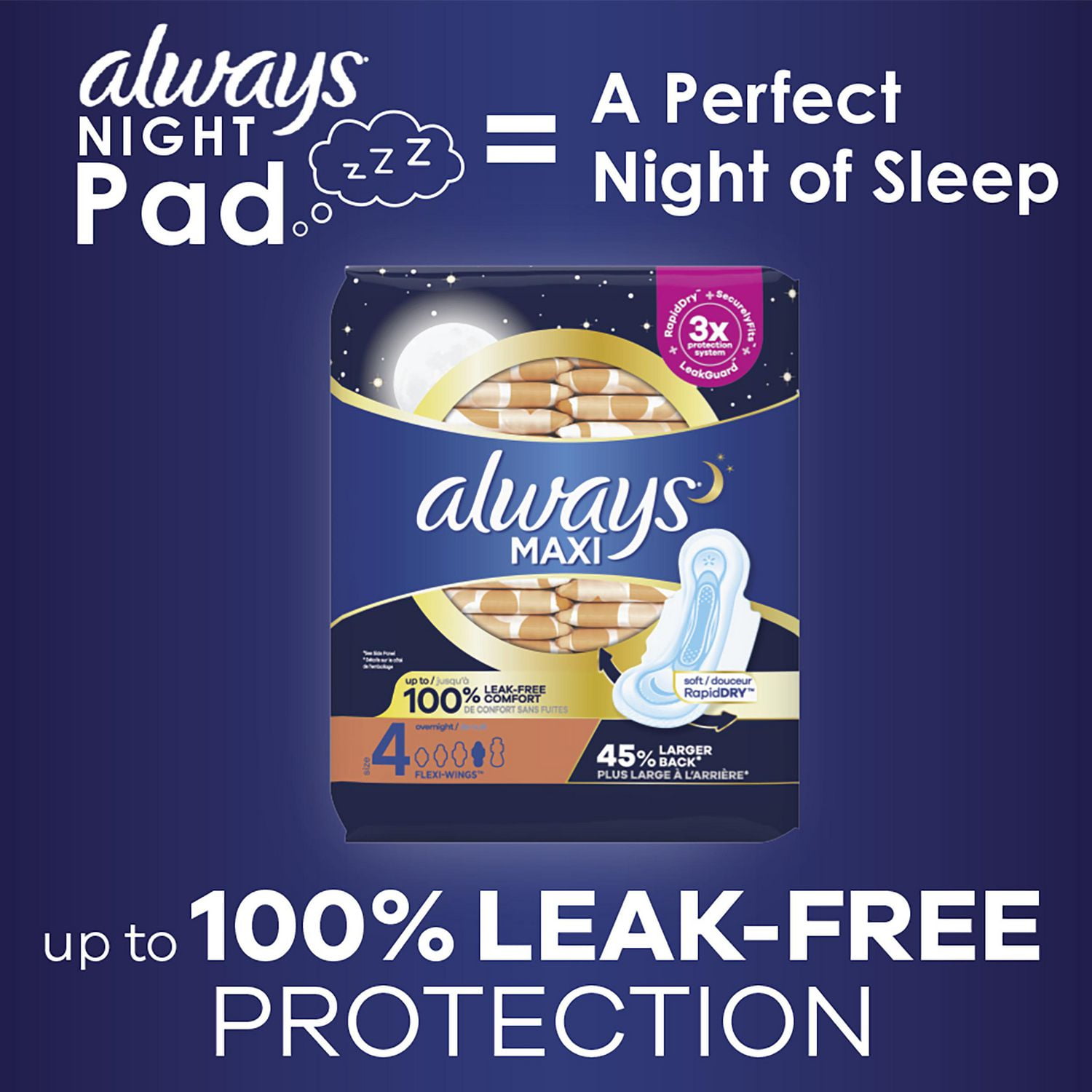 Always Maxi Fresh Size 4 Overnight Pads With Wings Scented Pkg/24