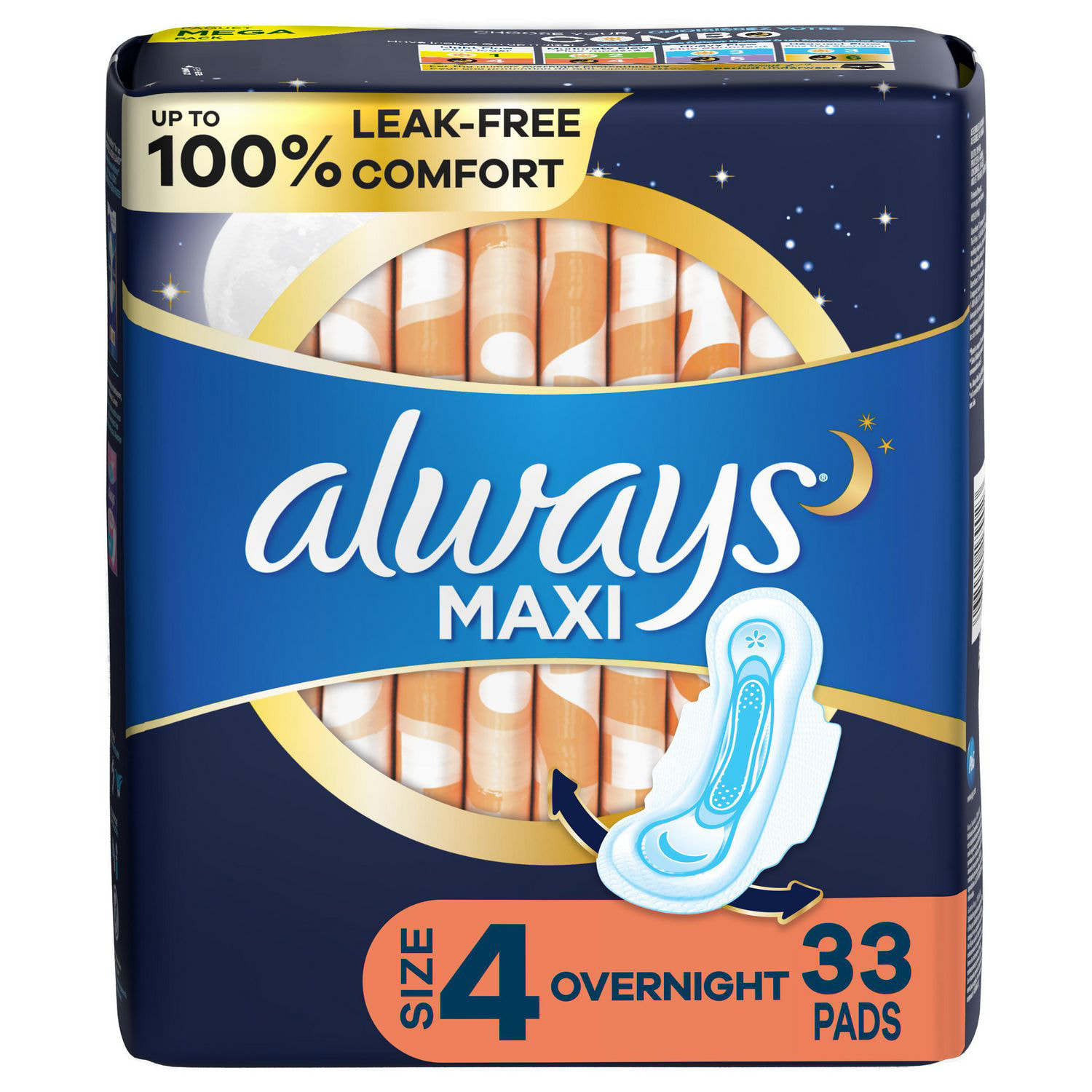 Always Maxi Overnight Pads with Wings, Size 4, Overnight, Unscented, 33 CT  