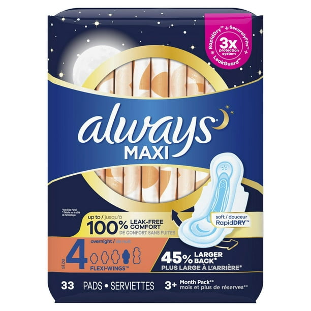 Always Maxi Pads Size 5 Overnight Absorbency Unscented with Wings