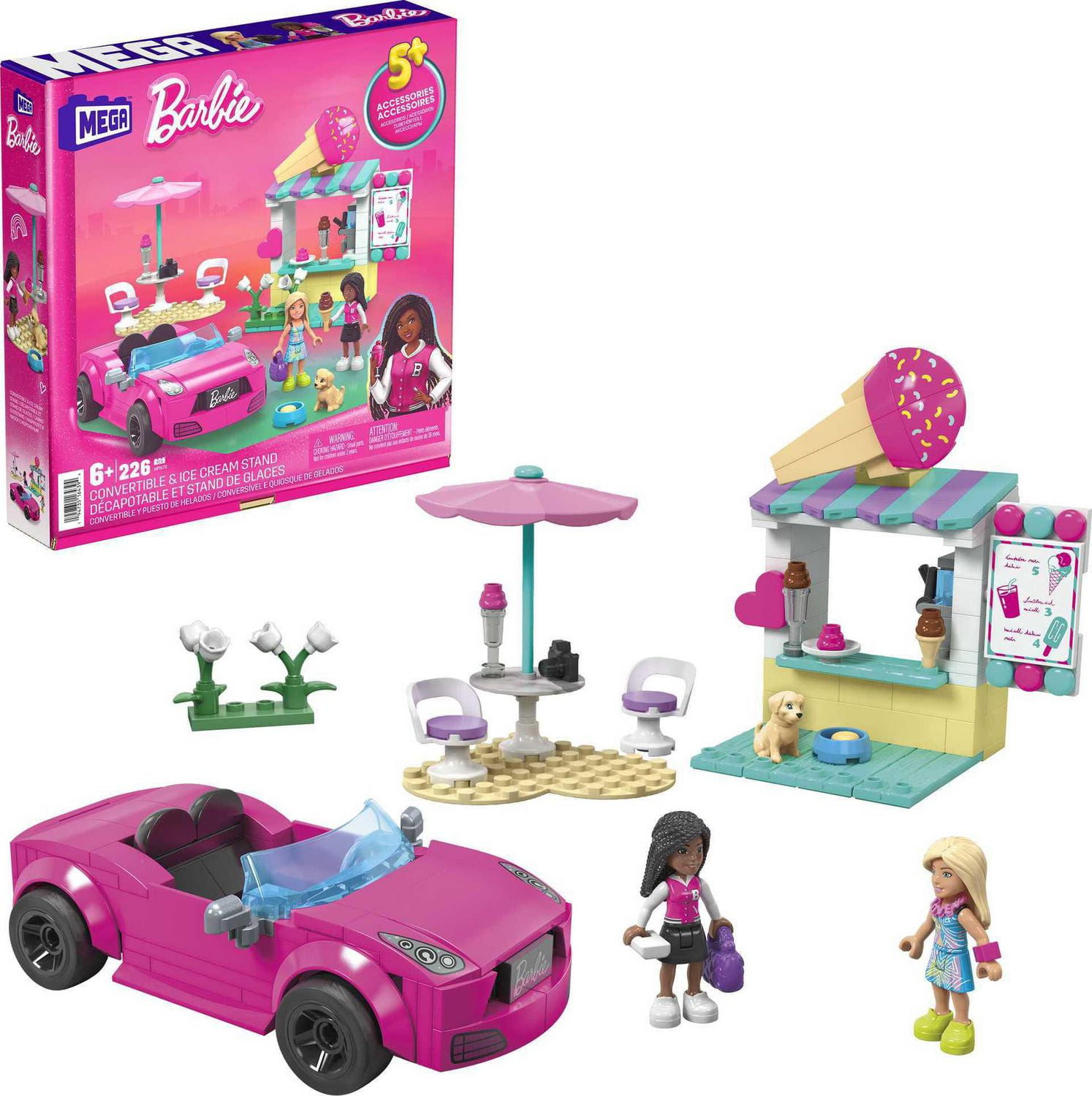 MEGA Barbie Convertible Ice Cream Stand Building Toy Kit with 2 Micro Dolls 225 Pieces Walmart