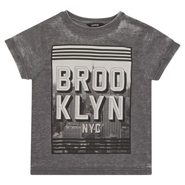 T-Shirt Gris À Imprimé                       « Brooklyn » Délavé À l'acide George British Design Pour Garçons