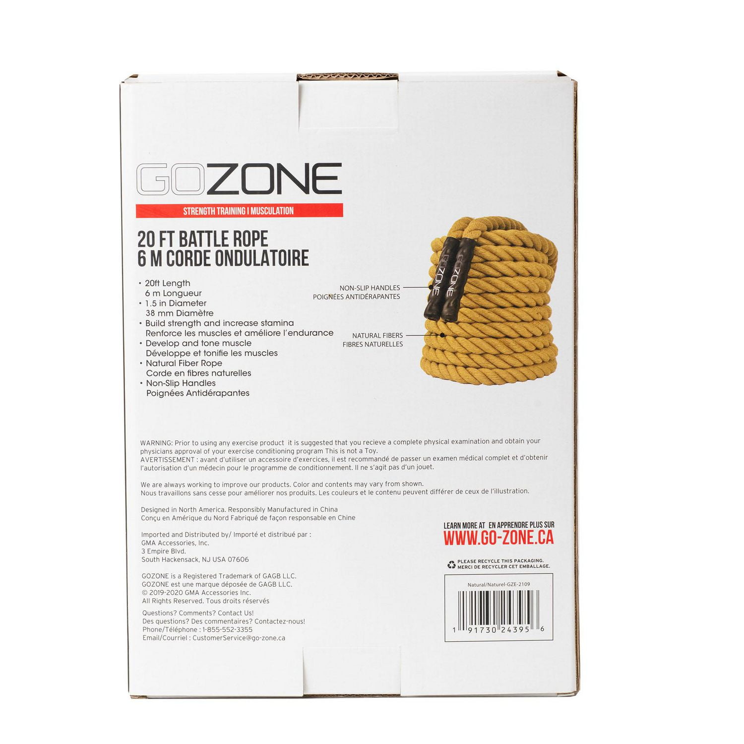 GoZone 20ft Battle Rope – Natural/Black, With rubberized grip 