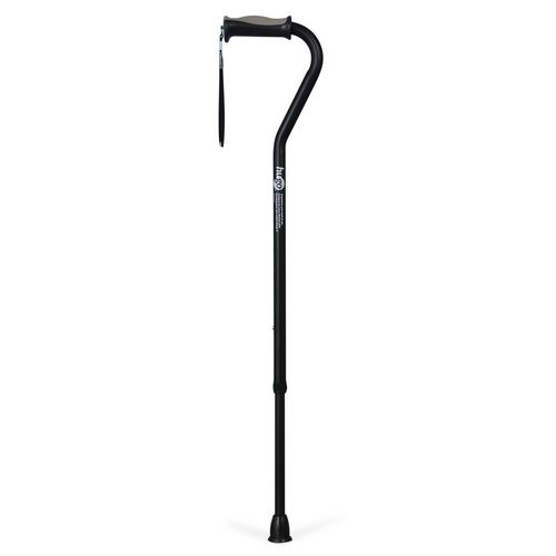 Hugo Adjustable Offset Handle Cane with Reflective Strap, Black front-facing view of a black anodized-aluminum, height adjustable offset cane with ergonomic cushion-top handle and reflective strap, visible push-button collar for 12 height settings, Ultra-Grip rubber tip; accommodates 5' - 6'.5" and supports up to 300 lb. Often used as a lightweight support for short outdoor walks.