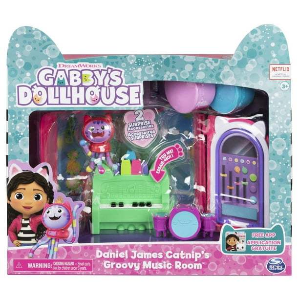 Gabby's Dollhouse, Groovy Music Room avec figurine Daniel James Catnip, 2  accessoires, 2 meubles et 2 boîtes surprises, jouets pour enfants à partir  de 3 ans 