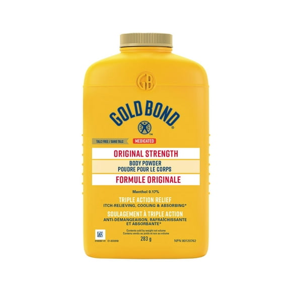 Gold Bond Original Strength Medicated Body Powder, 283g Bottle, Moisture Absorbing, Cooling Powder Offers Temporary Itch Relief and Pain Relief from Minor Burns and Sunburns, Bug Bites and More, 283 g