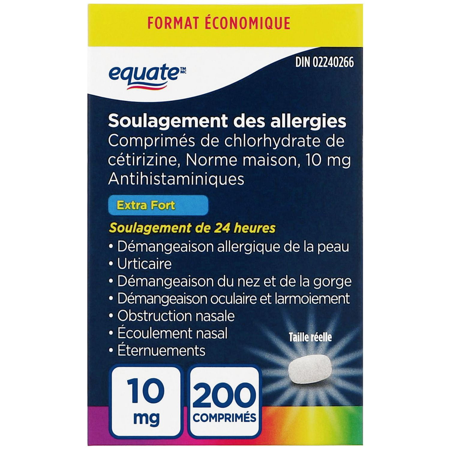 Soulagement des allergies, Comprimés de cétirizine, 10 mg, Extra fort Equate
