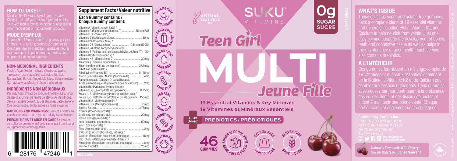 SUKU Vitamins, Adolescente Multi Jeune Fille, Bonbons Gélifiés