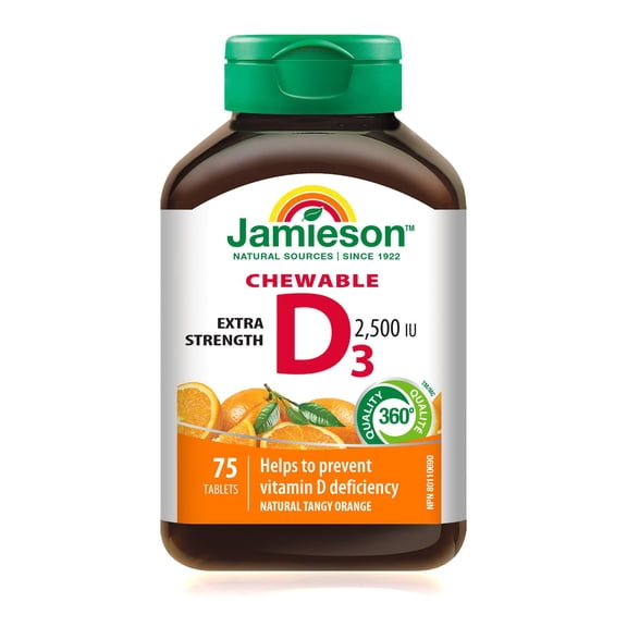 Jamieson Vitamin D3 Chewable Tablets, 2500 IU, Extra Strength, Orange, 75 Count