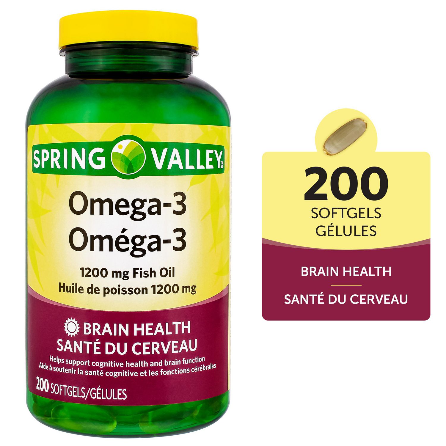 Spring Valley Bouteille de Capsules Molles Oméga-3, Bouteille en Plastique Blanche Centrée et Orientée vers l'Avant avec Image de Marque Spring Valley et Étiquette Bleu-Vert Indiquant le Nom du Produit; l'Étiquette Note la Forme de Supplément de Capsules Molles et Énumère Sans lactose, Sans gluten plus Directives pour Adultes; Souvent Conservée dans le Cadre d'Une routine de Bien-être Quotidienne.