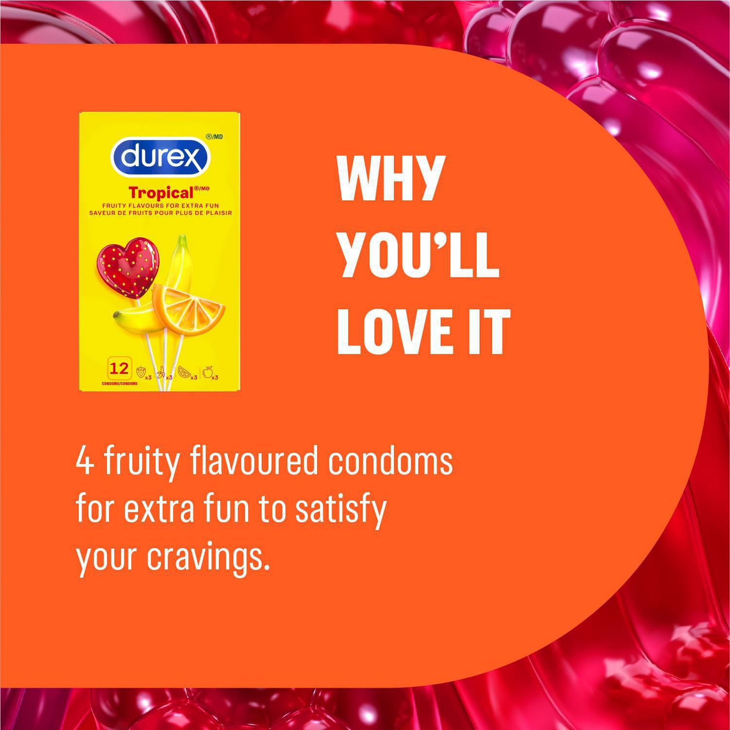 Durex Condoms, Tropical Flavours and Colours Lubricated, 12