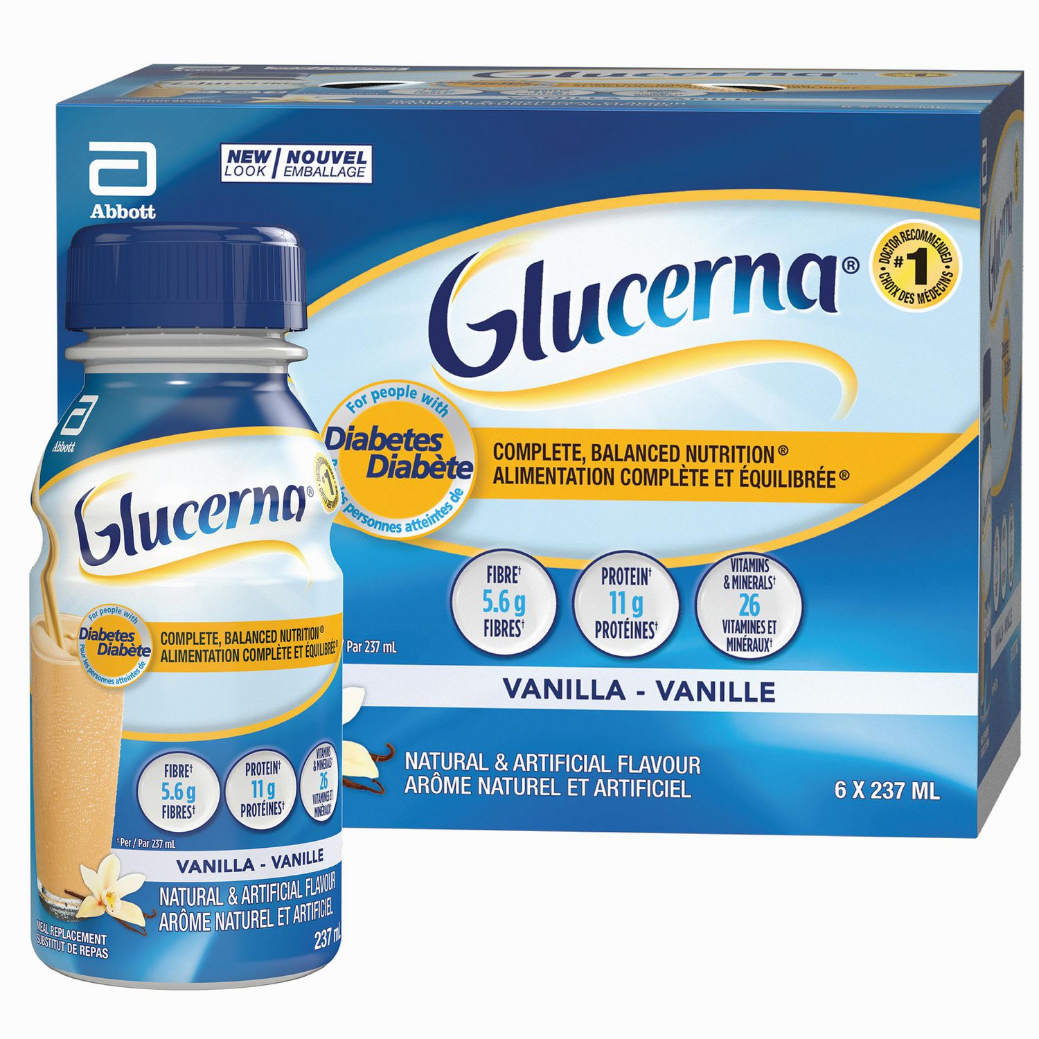 Glucerna Nutritional Drink, Meal Replacement Shakes, Complete, Balanced Nutrition For People With Diabetes, Vanilla, 6 x 237-mL Bottles