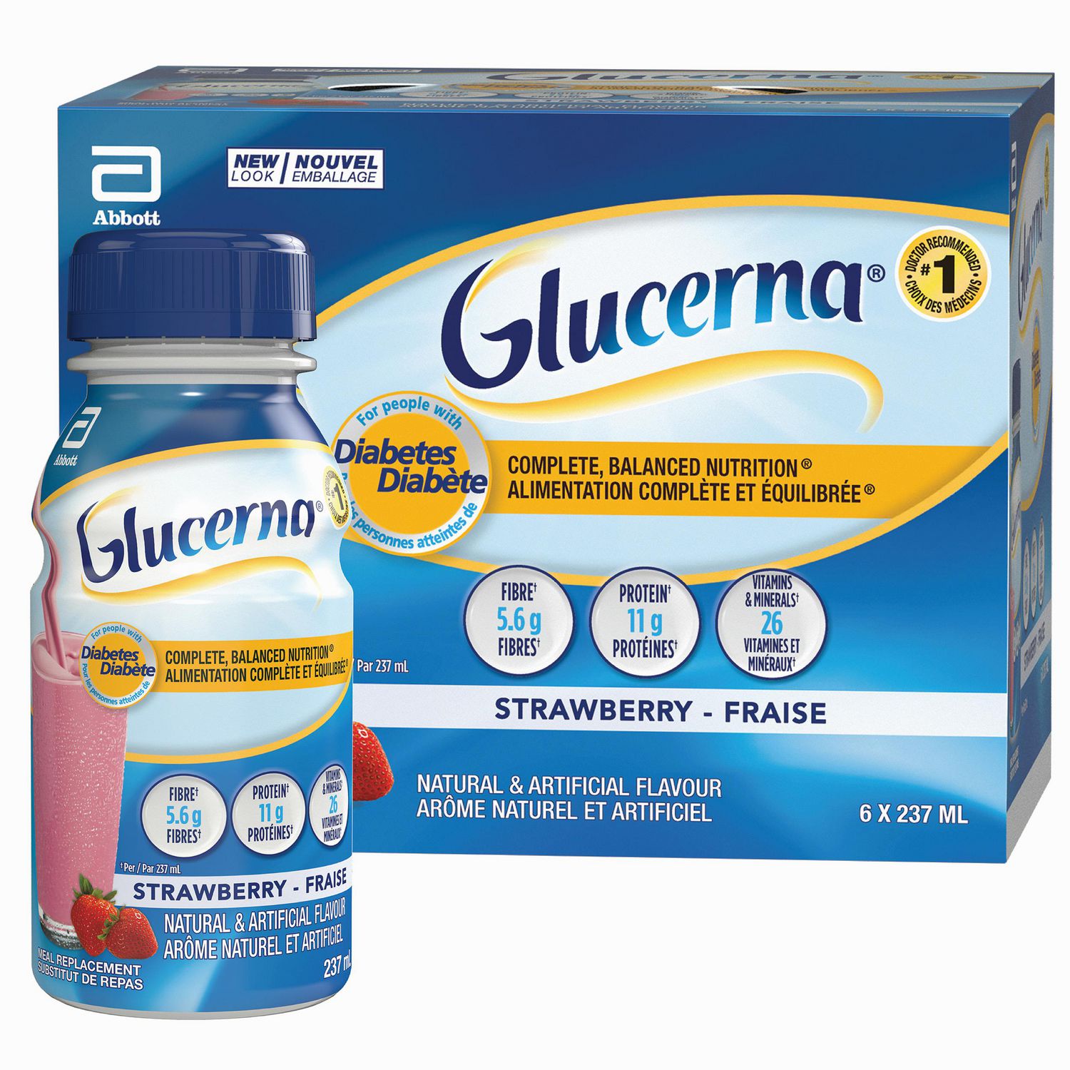 Glucerna Nutritional Drink, Meal Replacement Shakes, Complete, Balanced Nutrition For People With Diabetes, Strawberry, 6 x 237-mL Bottles