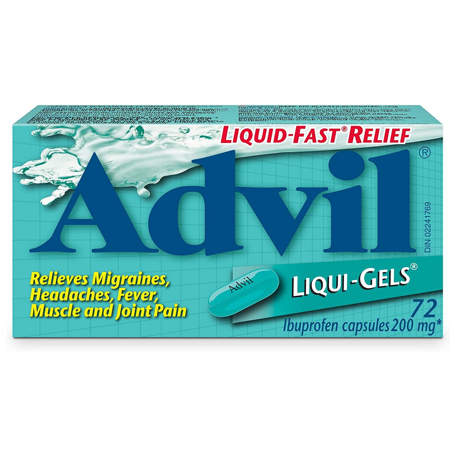 Advil Liqui Gels 72's front-facing bottle with Advil branding; 72-count container of 200 mg ibuprofen liquid-gels for fast-acting pain relief for headaches, migraine symptoms (nausea and sensitivity to light and sound), muscle, back and menstrual pain, shown on a neutral studio background.