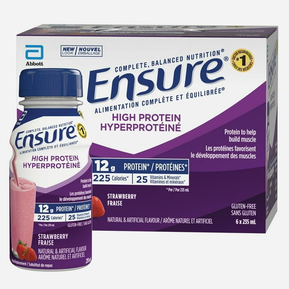 Ensure Hyperprotéiné 12 g, Substitut De Repas Protéiné Avec Des Protéines Pour Aider À La Formation Des Muscles, Fraise, 6 Bouteilles De 235 mL