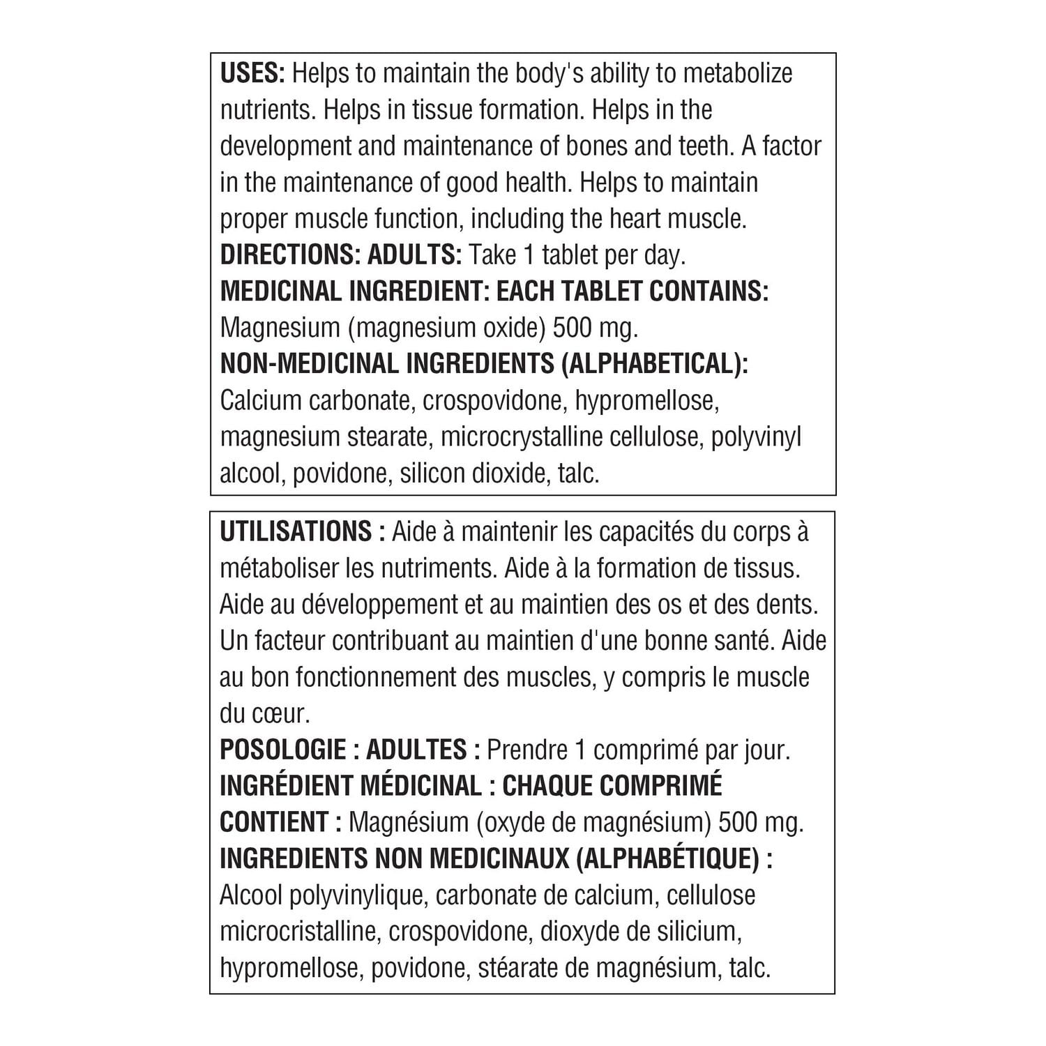 Spring Valley Oxyde de magnésium, 500 mg 100 Comprimés