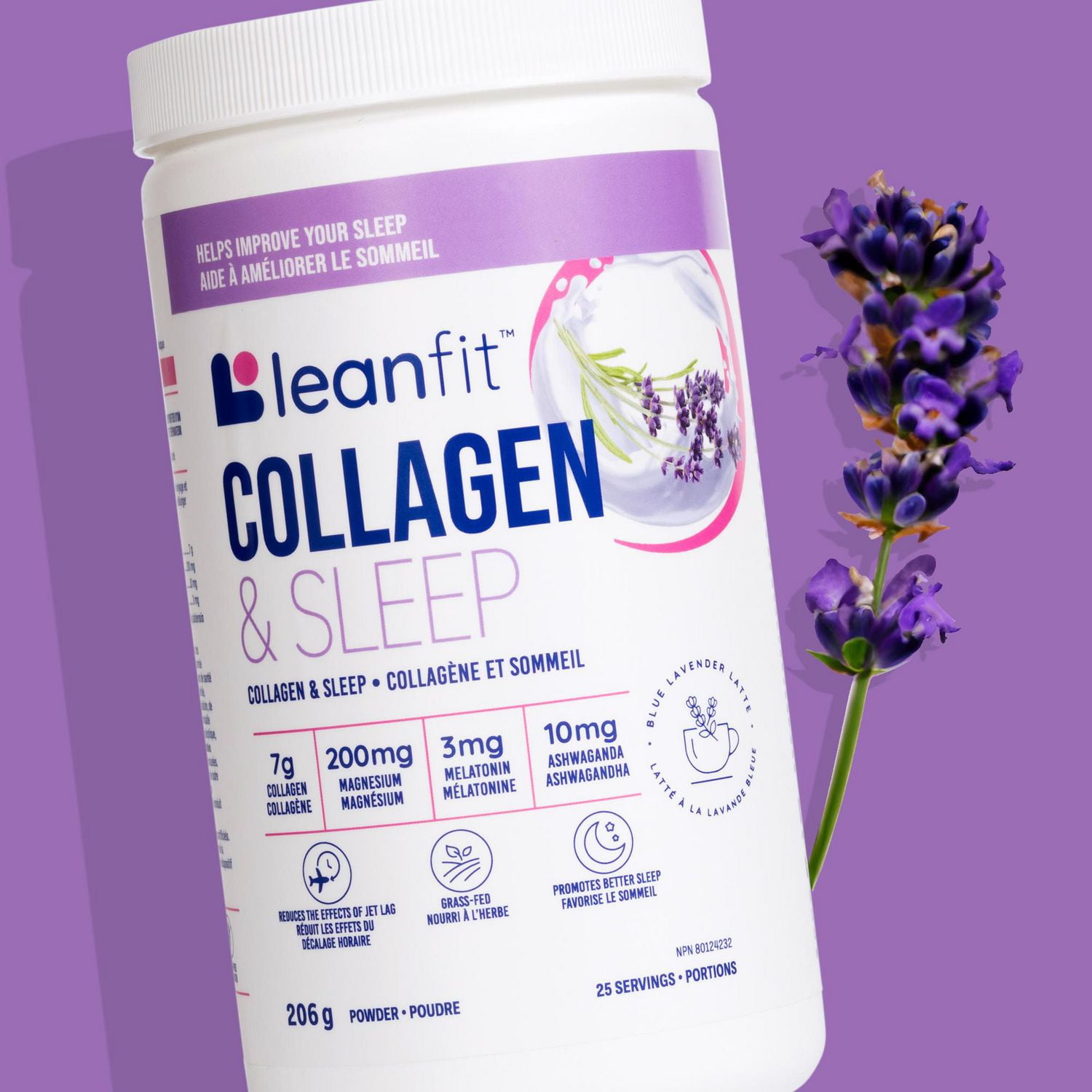 LEANFIT COLLAGEN & SLEEP™ Blue Lavender Latte - 7g Collagen + 200mg Magnesium + 3mg Melatonin + 10mg Ashwagandha - Improves Sleep & Reduces Effects of Jet Lag - 25 Servings, 206g Tub