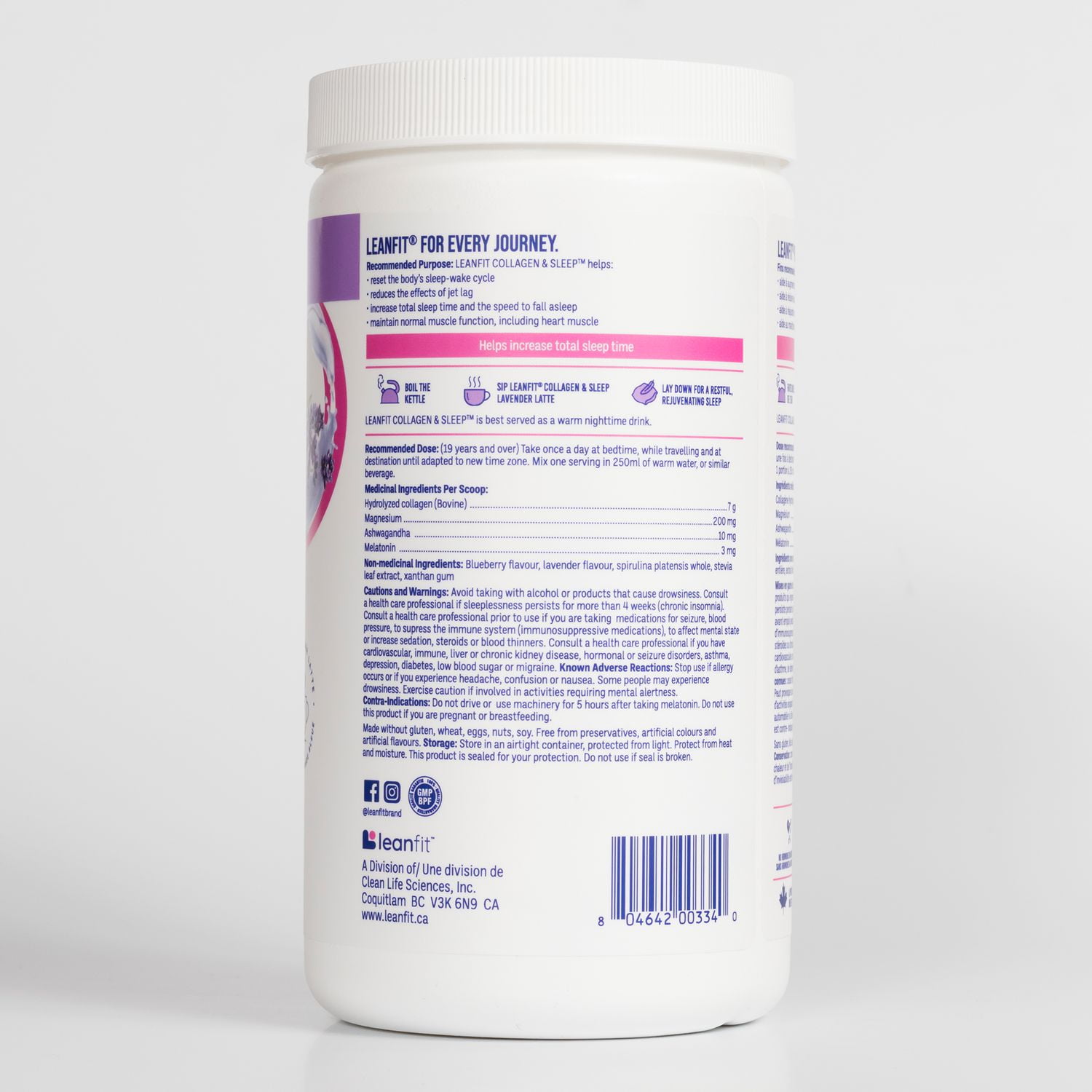 LEANFIT COLLAGEN & SLEEP™ Blue Lavender Latte - 7g Collagen + 200mg Magnesium + 3mg Melatonin + 10mg Ashwagandha - Improves Sleep & Reduces Effects of Jet Lag - 25 Servings, 206g Tub