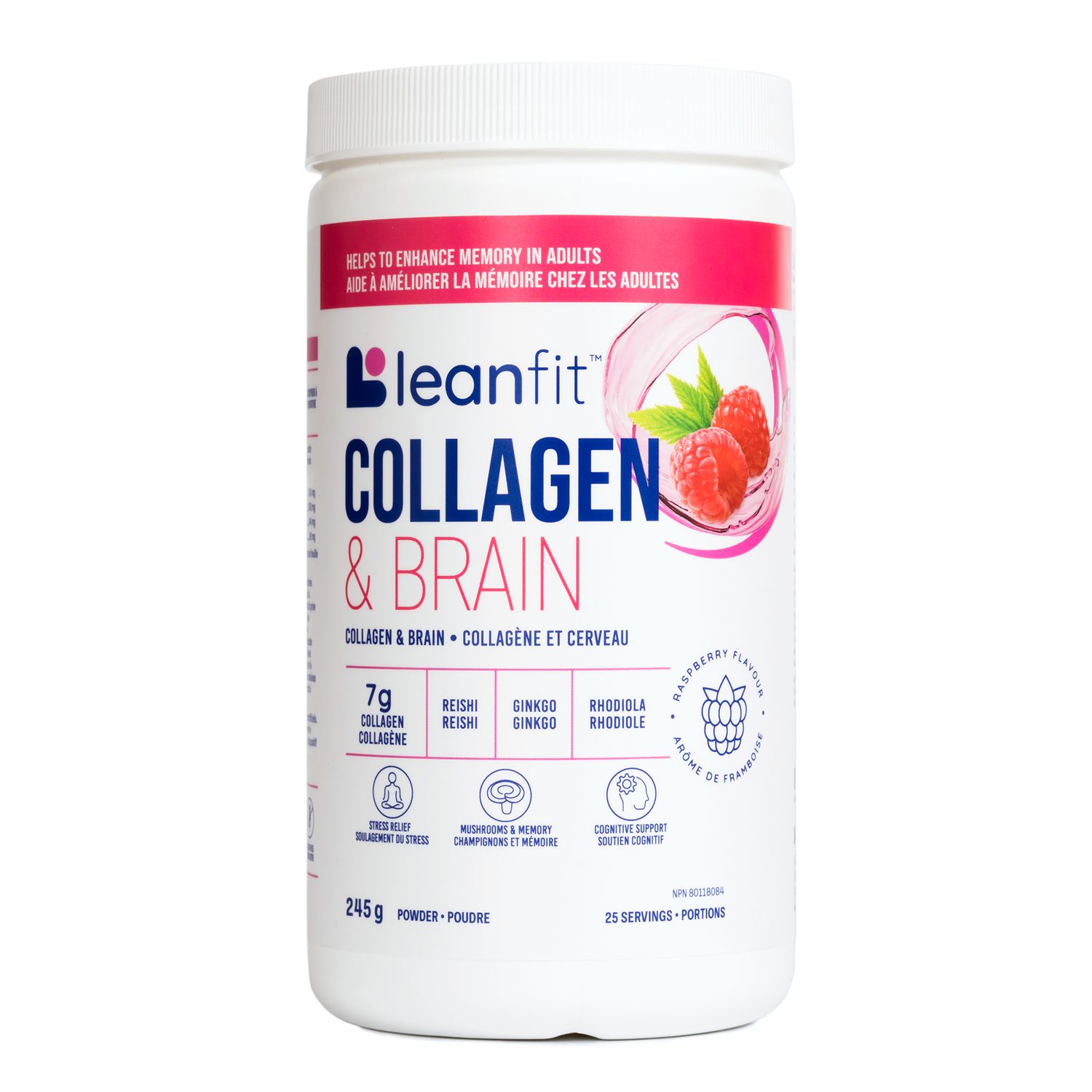 LEANFIT COLLAGEN & BRAIN™ Raspberry - 7g Collagen + Reishi + Ginkgo + Rhodiola - Enhances Memory & Cognitive Function in Adults - 25 Servings, 245g Tub