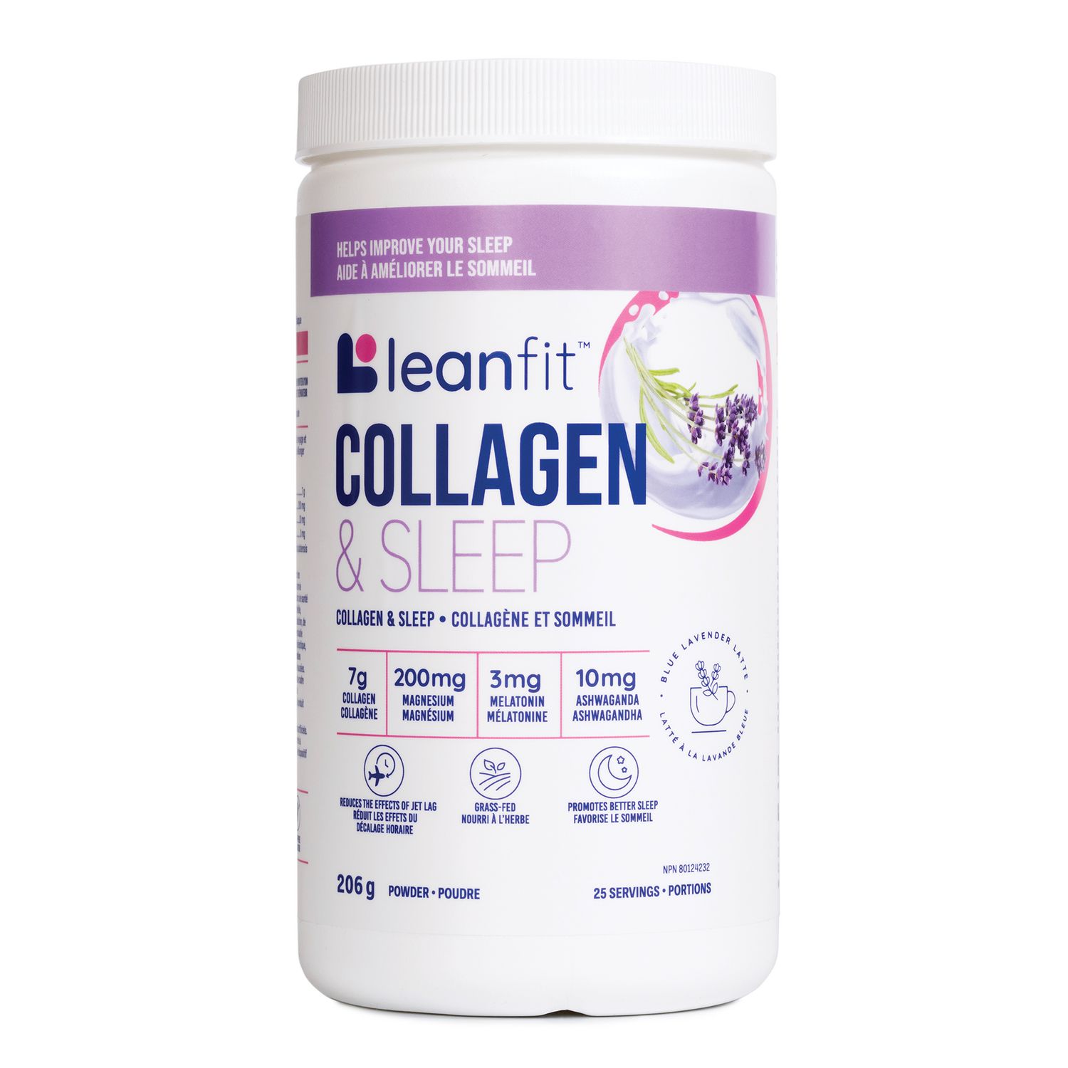LEANFIT COLLAGEN & SLEEP™ Blue Lavender Latte - 7g Collagen + 200mg Magnesium + 3mg Melatonin + 10mg Ashwagandha - Improves Sleep & Reduces Effects of Jet Lag - 25 Servings, 206g Tub