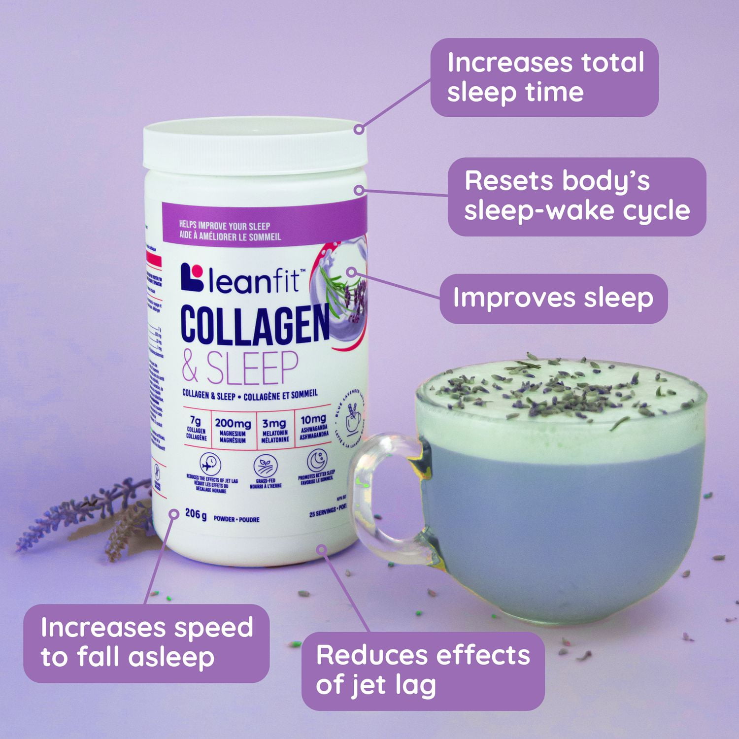 LEANFIT COLLAGEN & SLEEP™ Blue Lavender Latte - 7g Collagen + 200mg Magnesium + 3mg Melatonin + 10mg Ashwagandha - Improves Sleep & Reduces Effects of Jet Lag - 25 Servings, 206g Tub