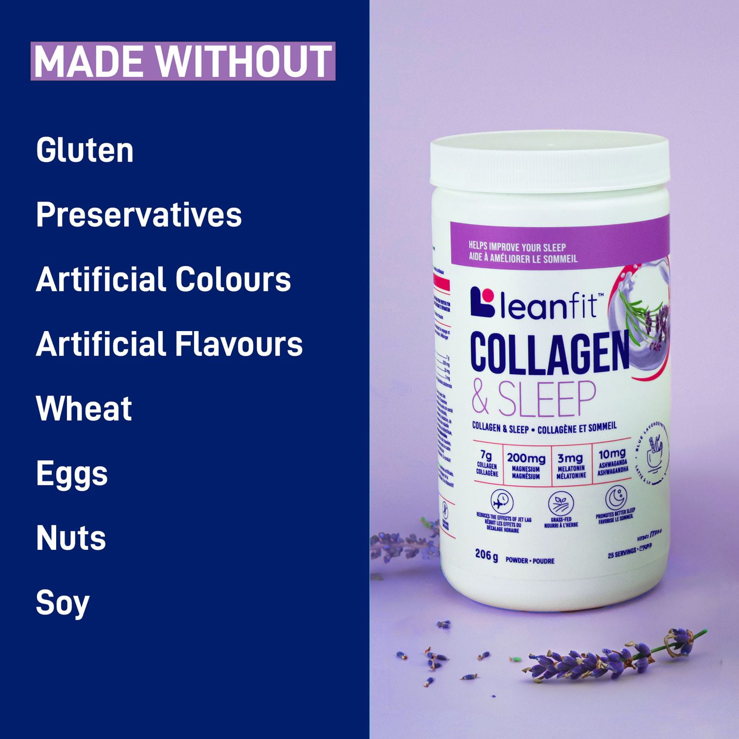 LEANFIT COLLAGEN & SLEEP™ Blue Lavender Latte - 7g Collagen + 200mg Magnesium + 3mg Melatonin + 10mg Ashwagandha - Improves Sleep & Reduces Effects of Jet Lag - 25 Servings, 206g Tub