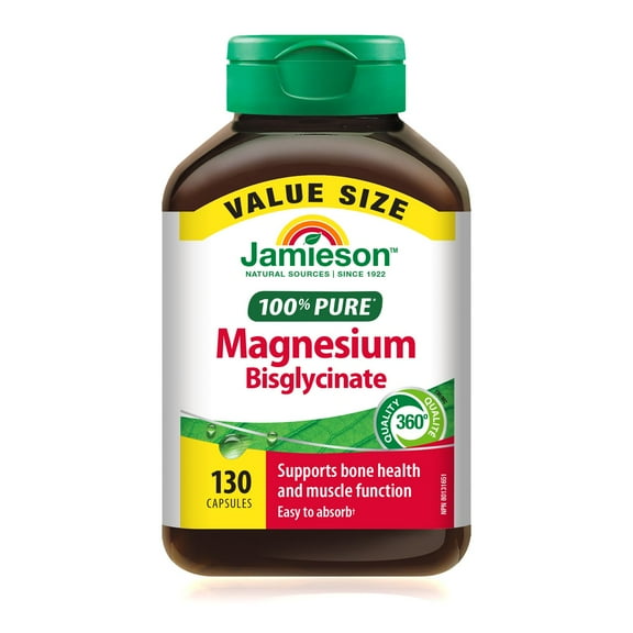 Jamieson 100% Pure Magnesium Bisglycinate Capsules, 100 mg, High Absorption, Value Size, 130 ct