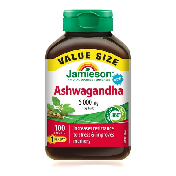 Jamieson Ashwagandha Capsules, 6000 mg, For Stress Support, Value Size, 100 ct