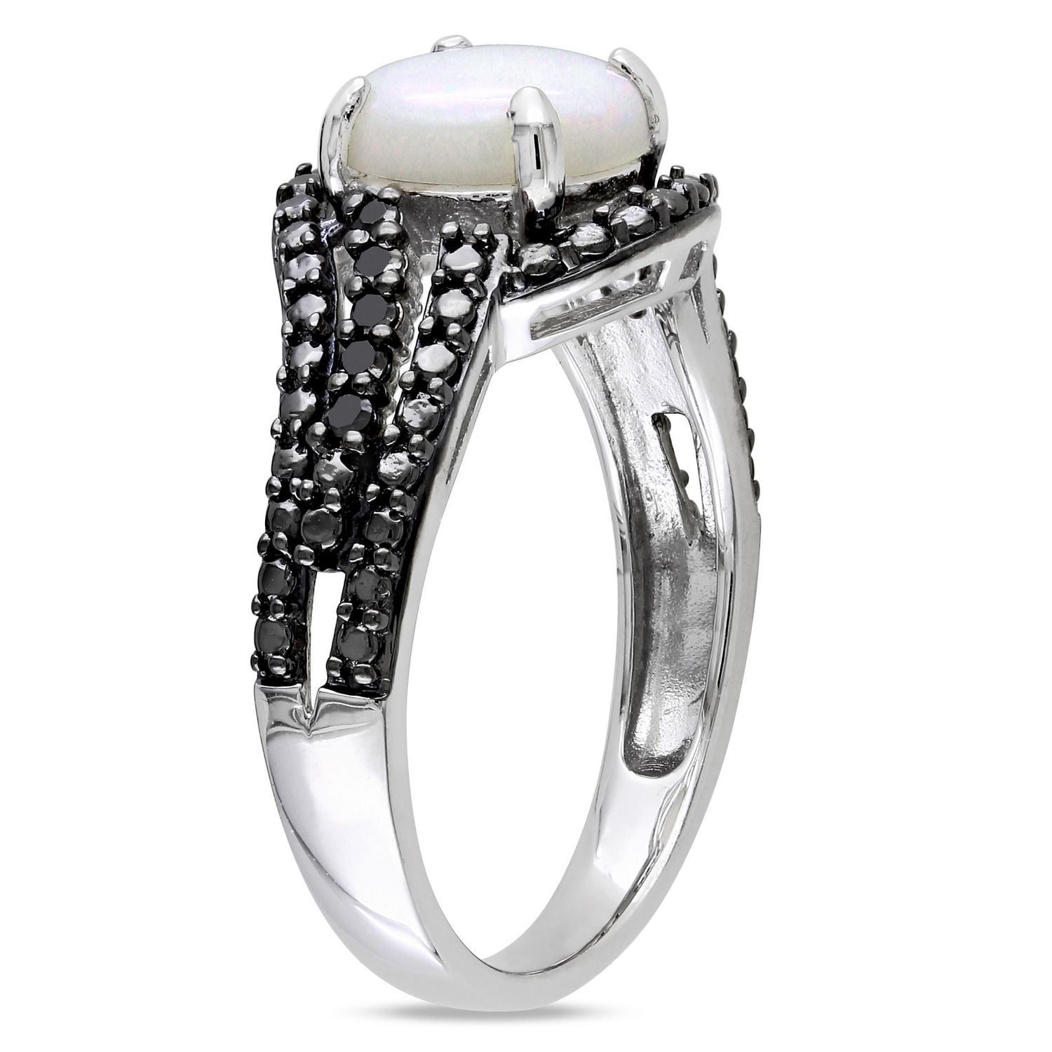 Bague cocktail Asteria avec opale 1-1/4 CT PBT et diamants noirs 1/10 CT poids total en argent sterling
