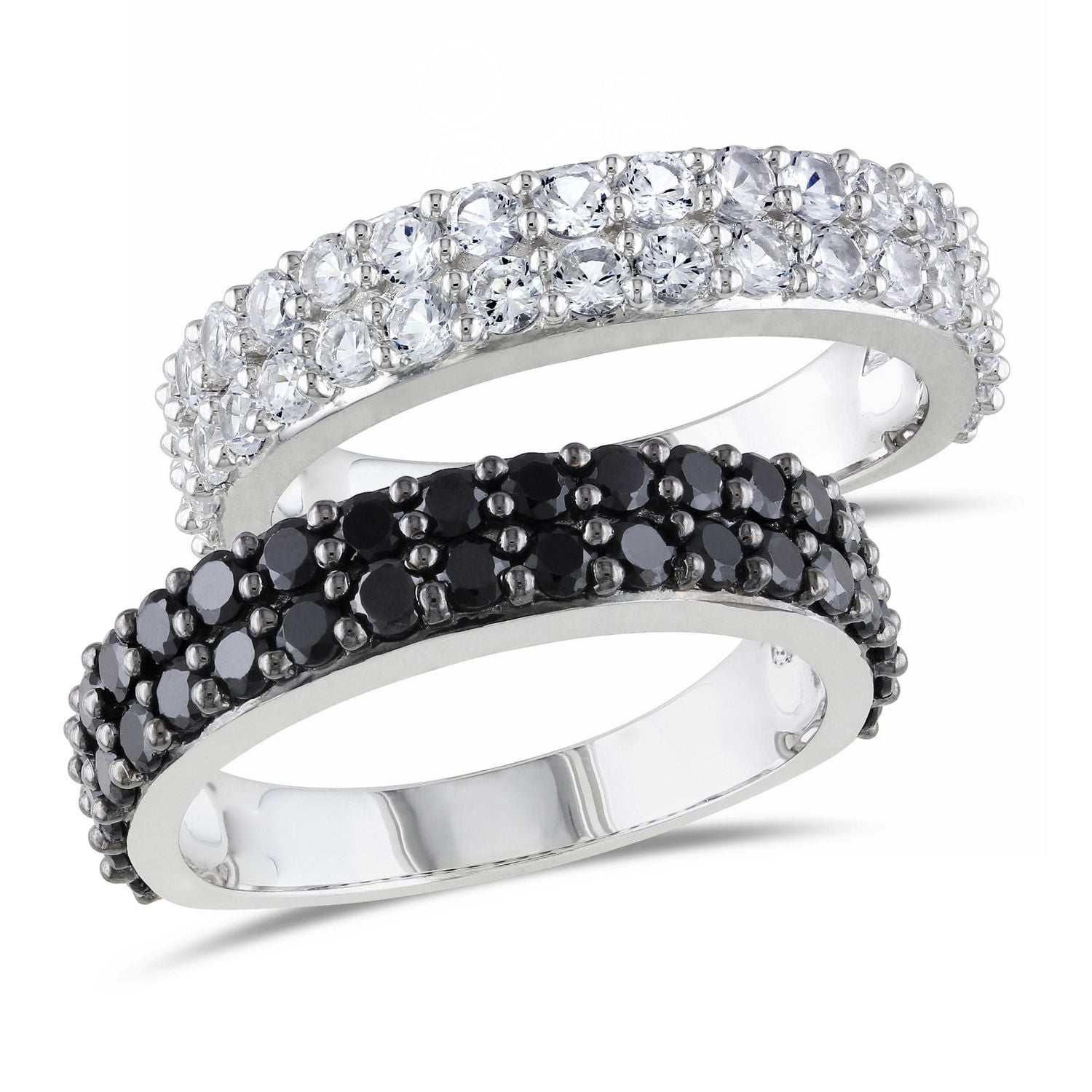 Asteria 2-3/4 Carat T.G.W. Black Spinel And Created White Sapphire Sterling Silver Semi-Eternity Anniversary 2-Piece Ring Set