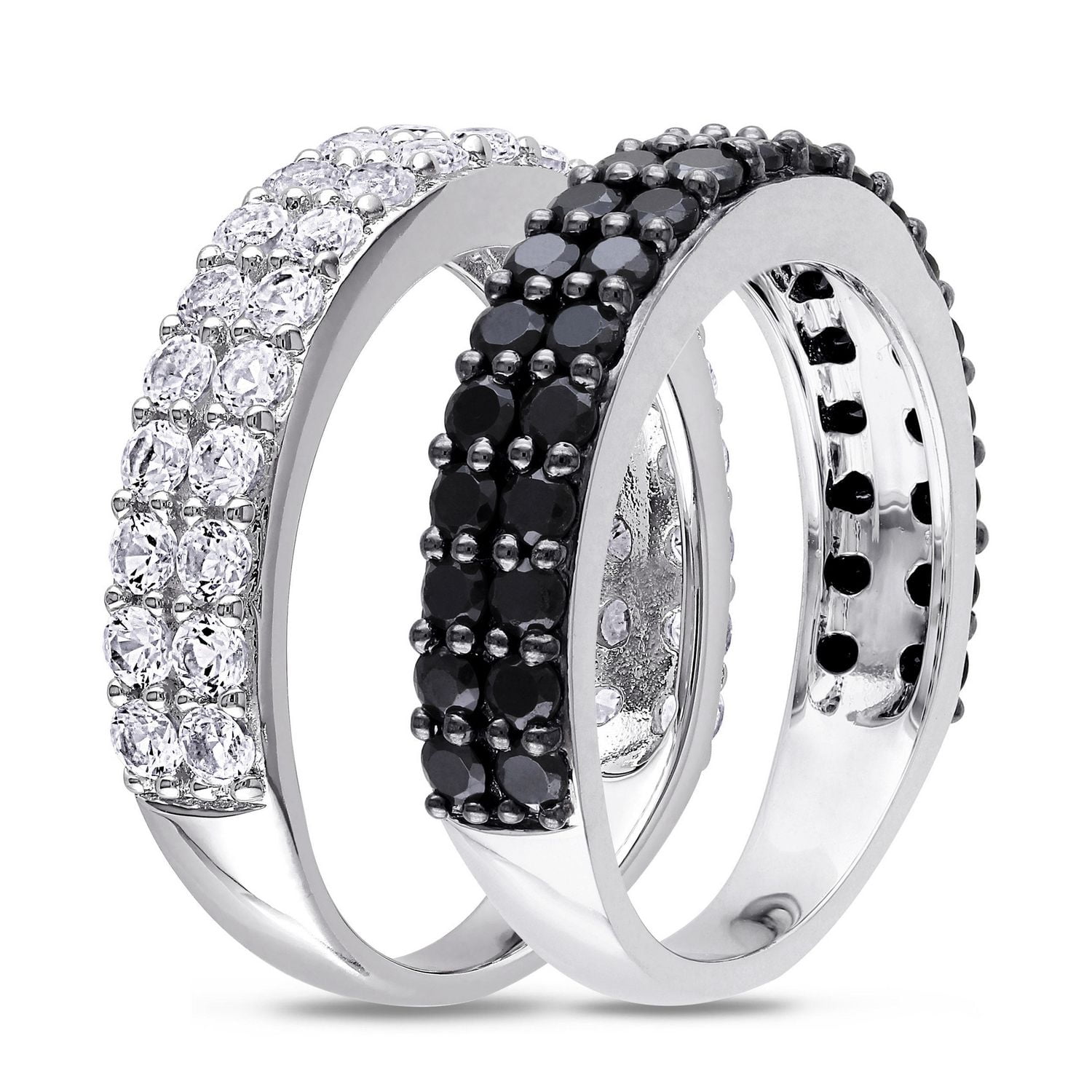 Asteria 2-3/4 Carat T.G.W. Black Spinel And Created White Sapphire Sterling Silver Semi-Eternity Anniversary 2-Piece Ring Set