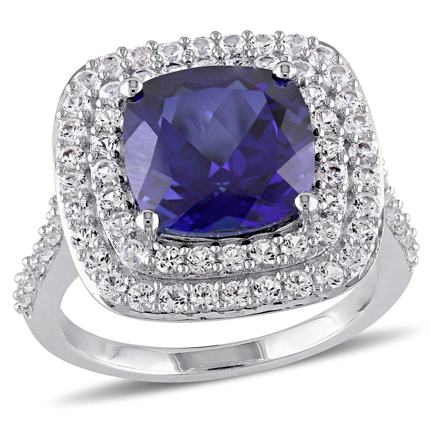 Tangelo 7-1/10 Carat T.G.W. Created Blue And White Sapphire Sterling Silver Double HALO Ring